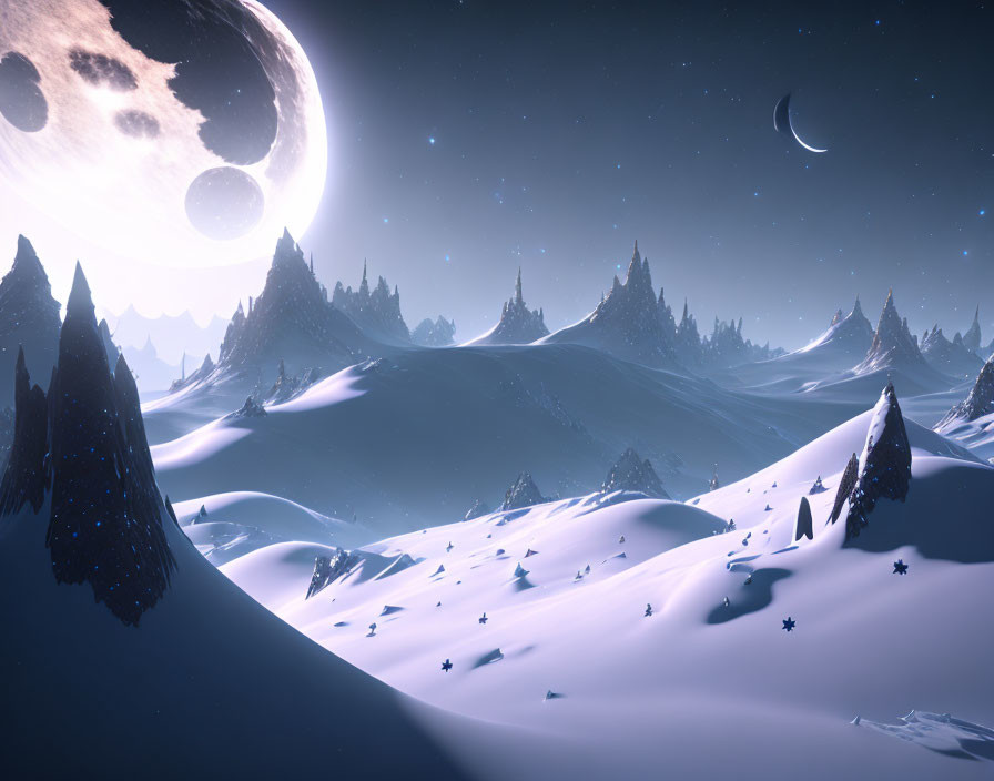 Snow-covered mountains under starry sky with large moon and crescent