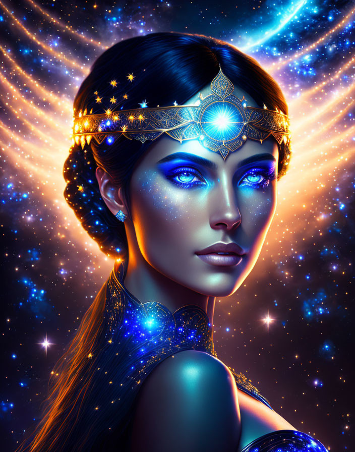 Woman with Shimmering Blue Skin and Golden Headpiece in Cosmic Setting