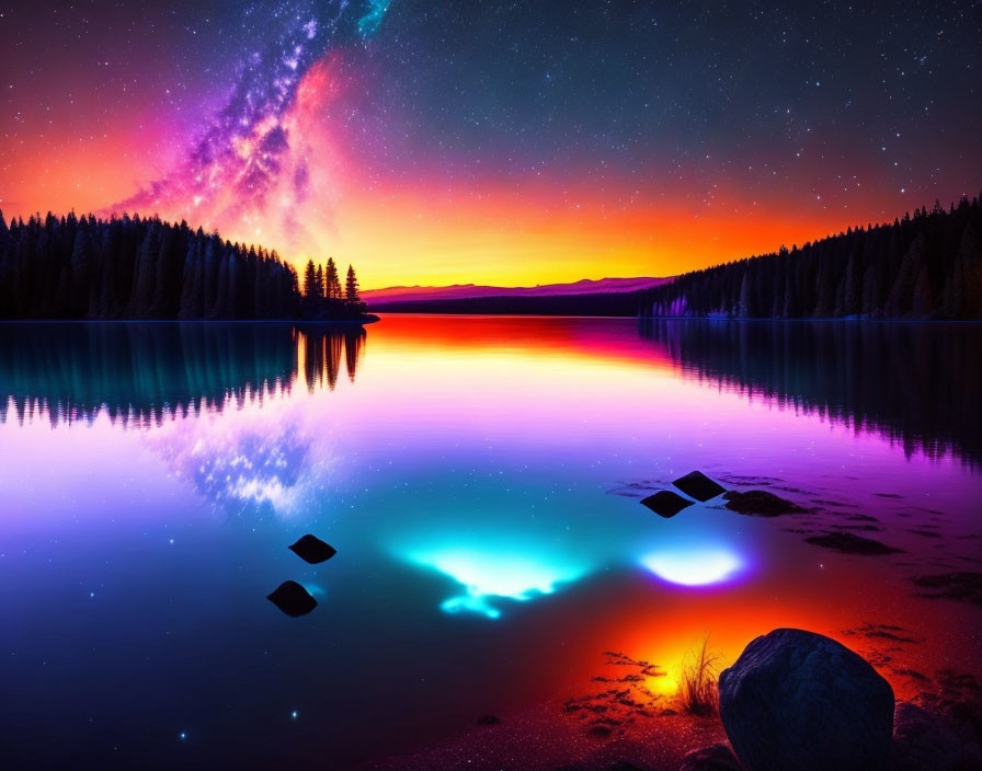 Serene lake under vibrant night sky