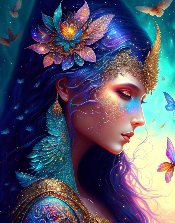 Colorful artwork of woman with blue skin and golden headdress, jewelry, feathers, and butterflies.