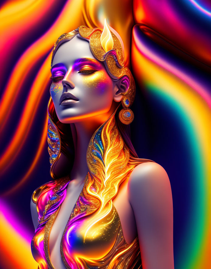 Colorful digital artwork of woman with golden accents and earrings on multicolored background