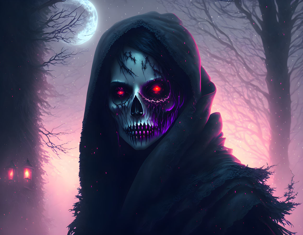 Skeletal Figure with Glowing Red Eyes in Dark Cloak and Moonlit Forest