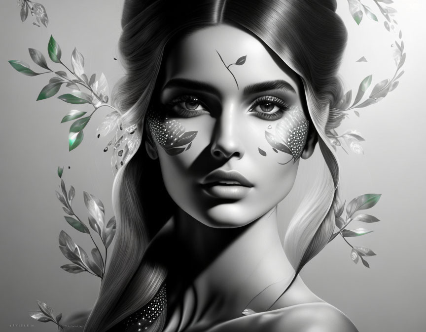 Stylized woman with botanical accents in monochromatic theme