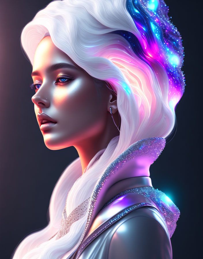 Digital art portrait: Woman with neon blue and purple hair, high-contrast lighting, and futuristic attire