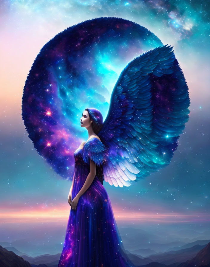 Woman with Majestic Blue Wings in Starry Cosmos Twilight Sky