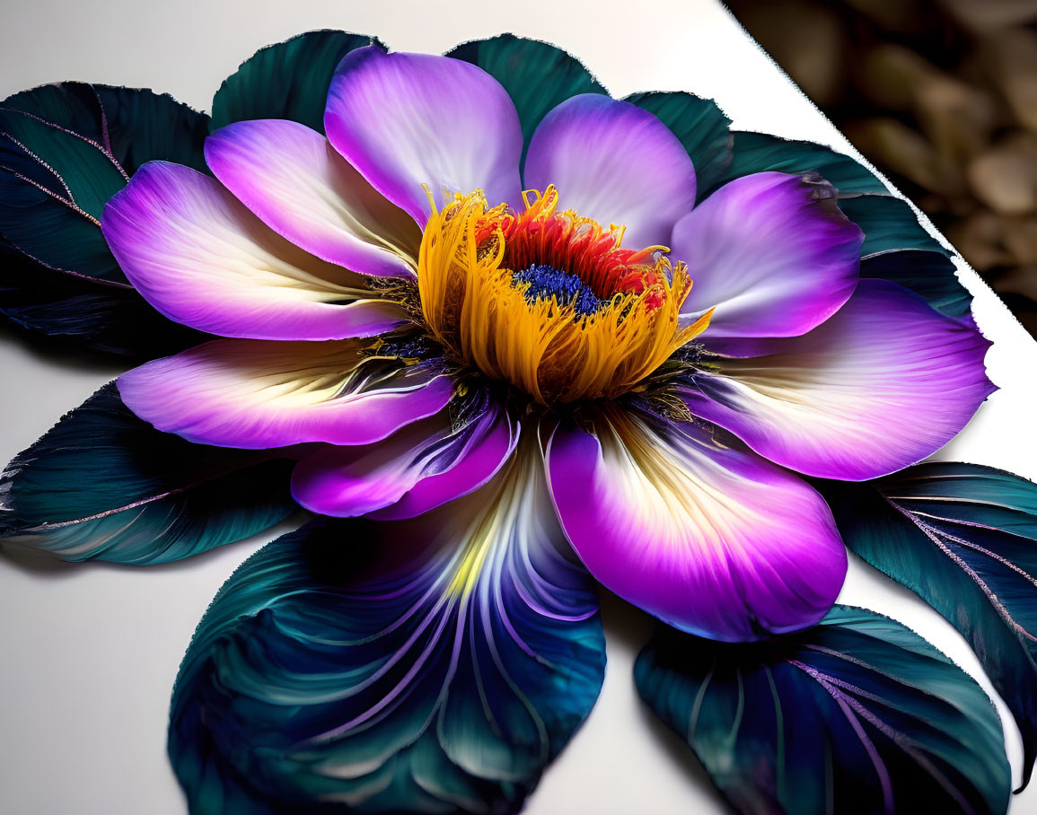 Colorful digitally-altered flower with purple, white, and blue petals and a detailed yellow and orange