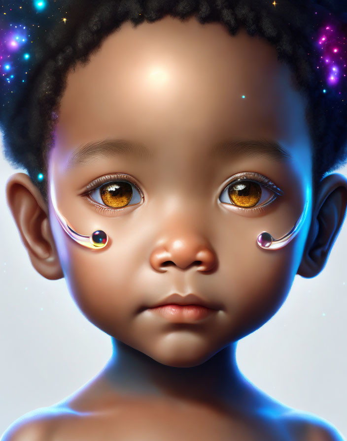 Young child's digital portrait with luminous golden-brown eyes and whimsical teardrop-shaped jewels