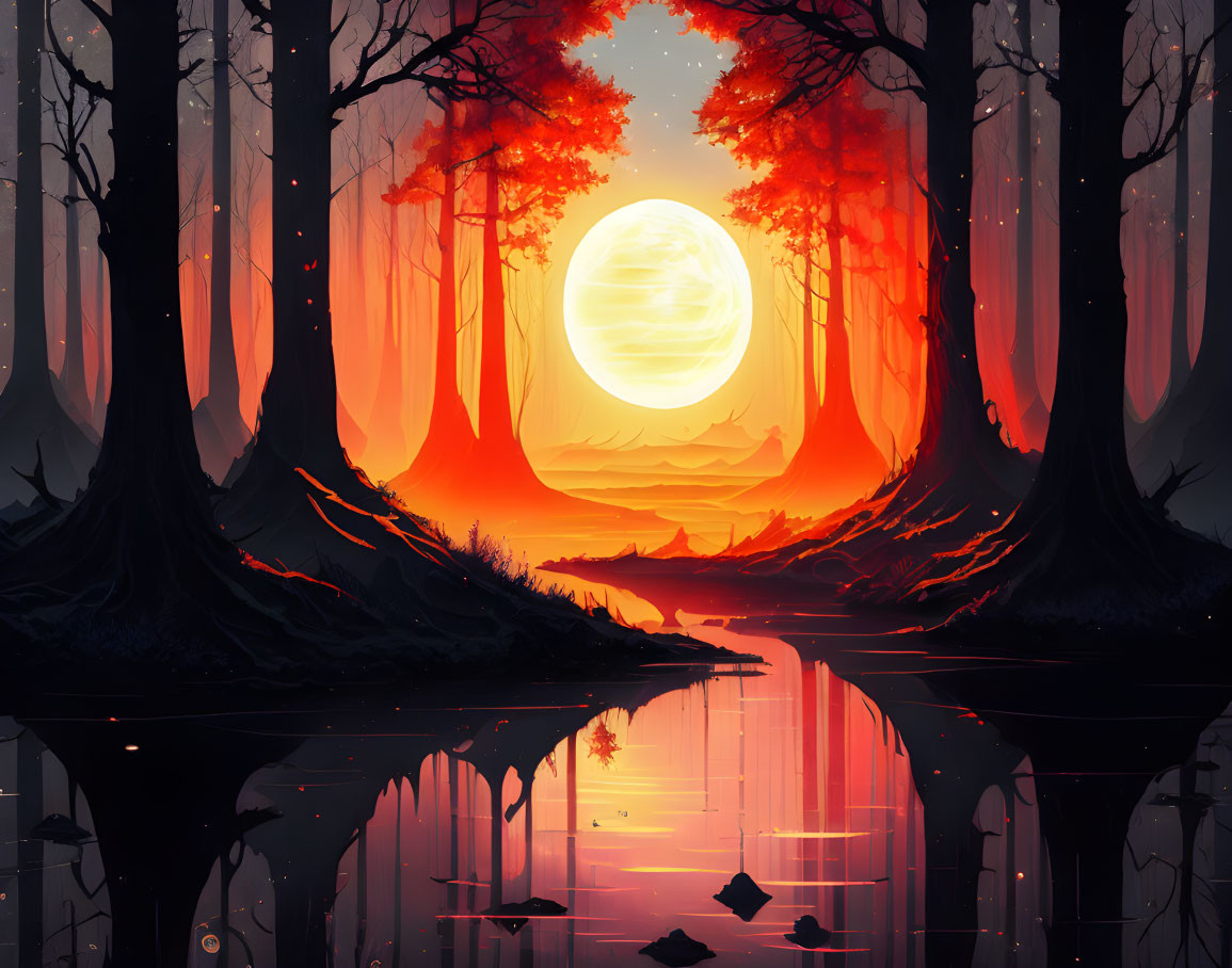 Mystical forest illustration with glowing moon and tranquil river