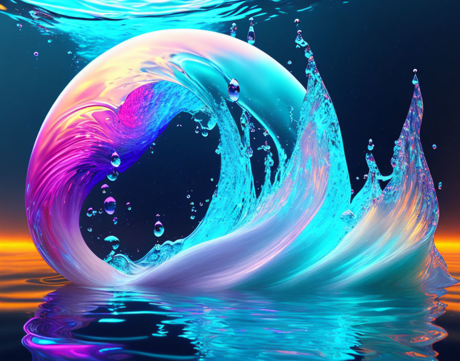 Surreal wave digital art with iridescent colors and sunset sky