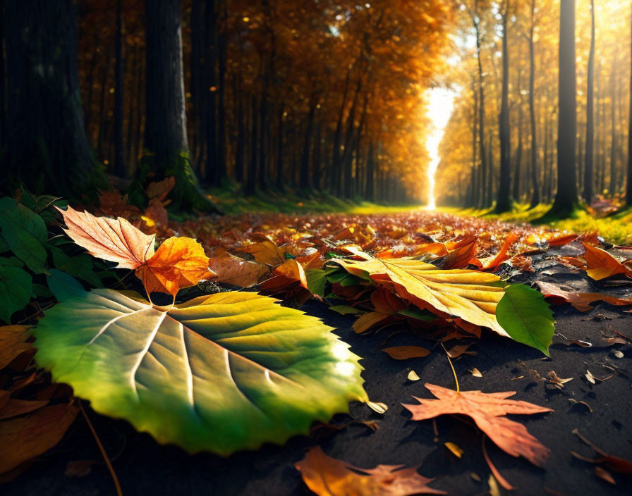 Autumnal forest path with colorful fallen leaves and sunlight glow