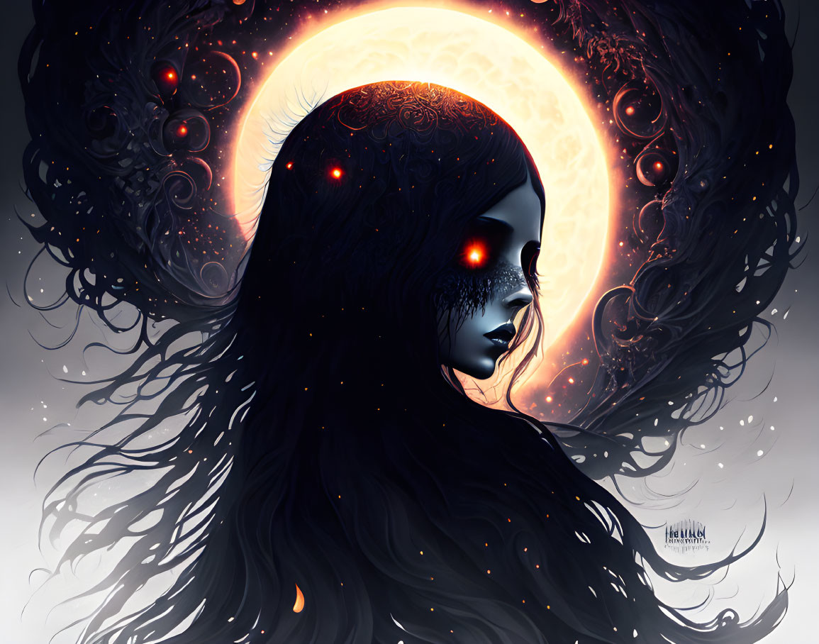 Dark mystical female figure with red glowing eyes and crescent moon backdrop.