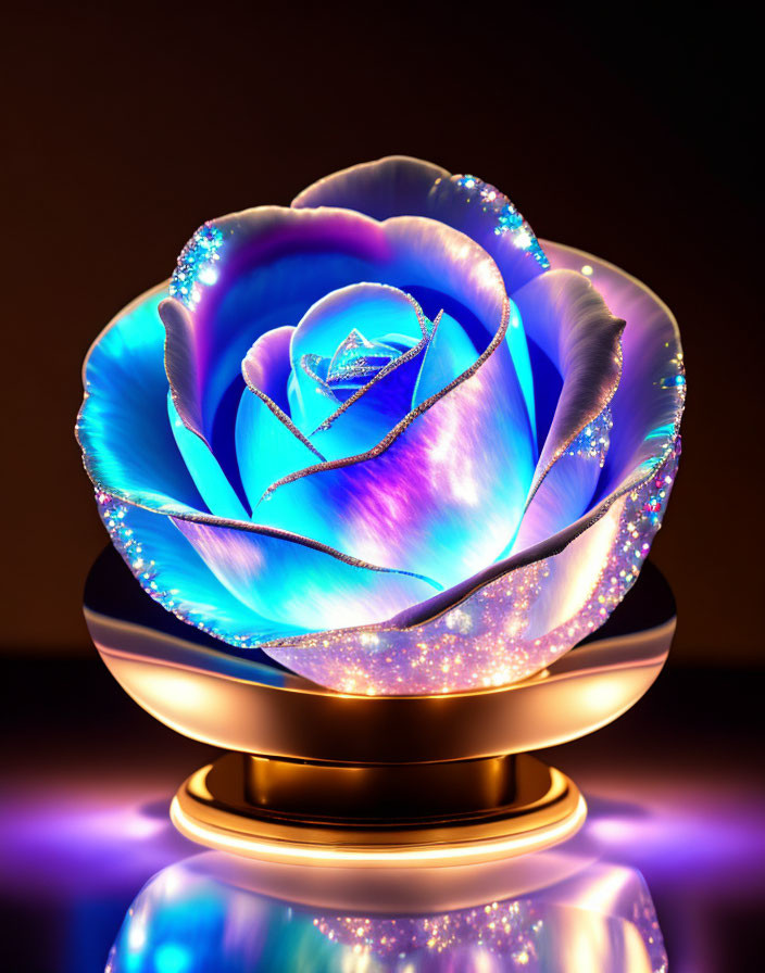 Colorful Glass Rose with Sparkling Edges on Reflective Surface