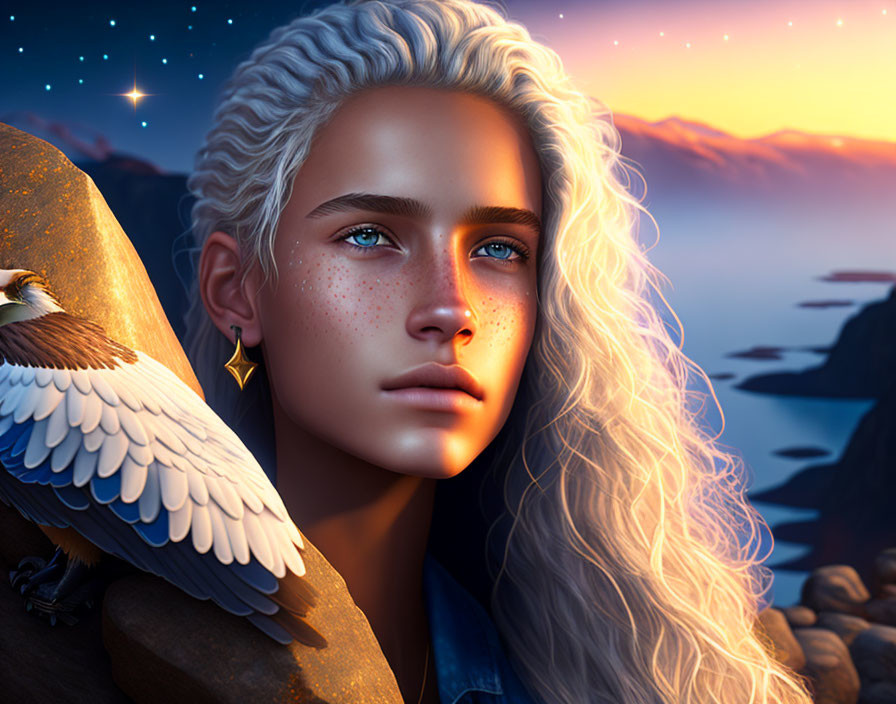 Digital artwork features person with white curly hair, blue eyes, freckles, and eagle on shoulder