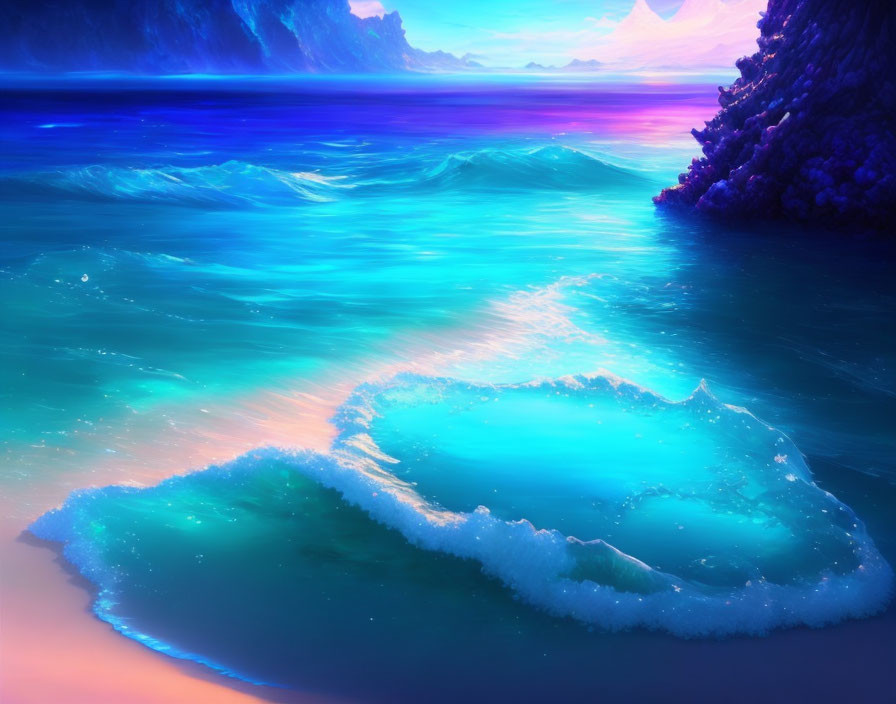 Neon-lit seascape at dusk with luminous waves under purple sky