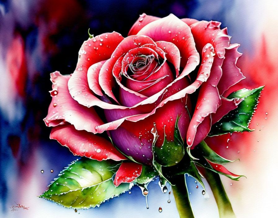 Red Rose Watercolor Painting with Dewdrops on Petals in Abstract Background