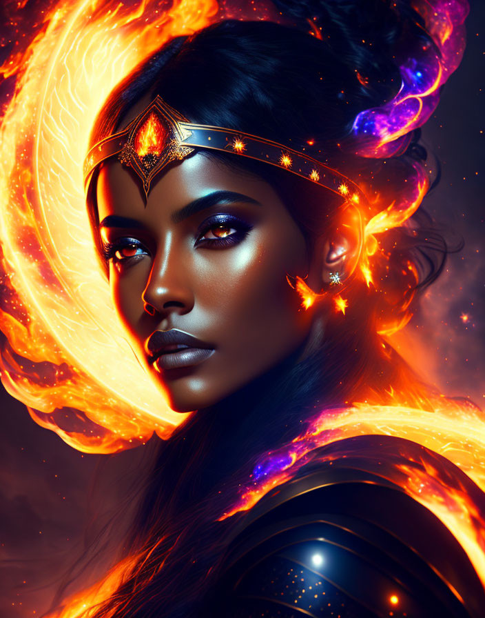 Portrait of woman with golden tiara against fiery cosmic backdrop