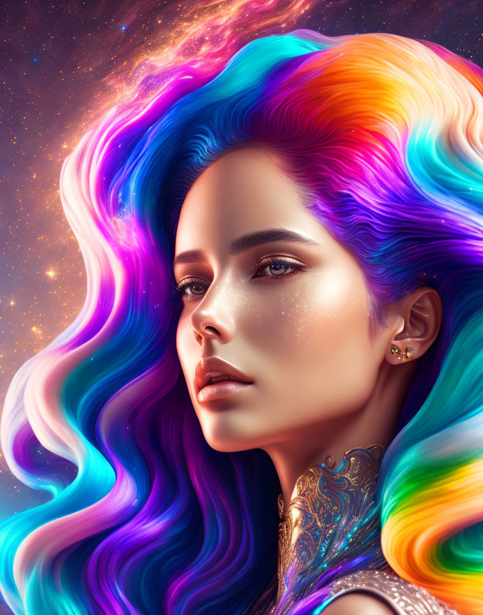 Vibrant multicolored hair portrait of a woman in cosmic setting