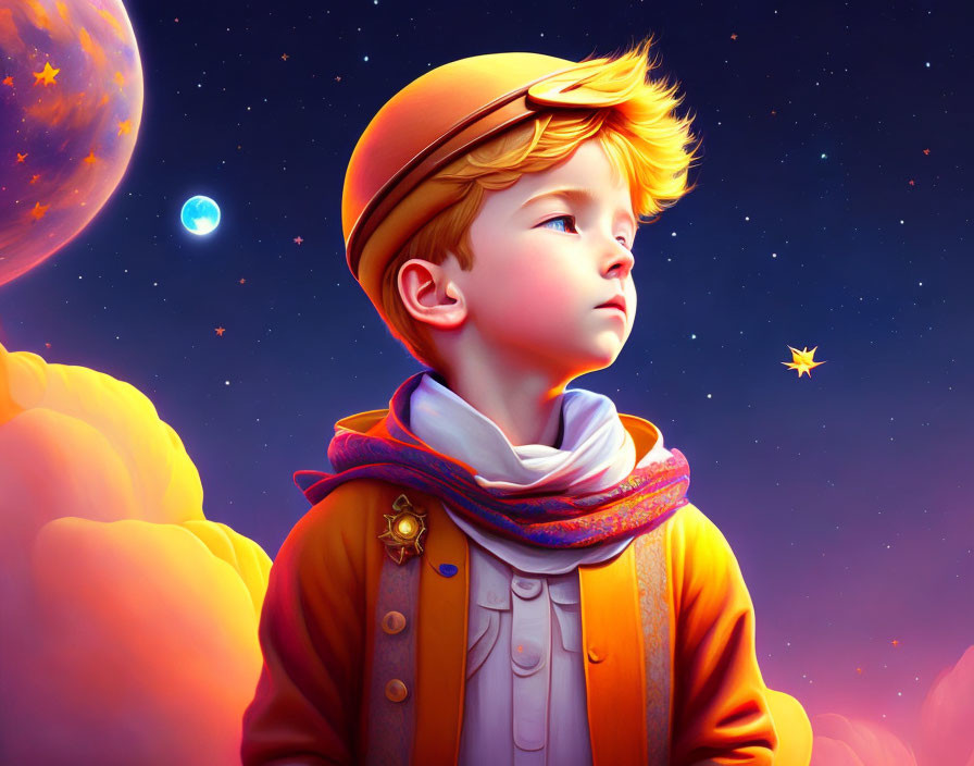 Young boy in vintage pilot outfit under starry sky with planets and clouds