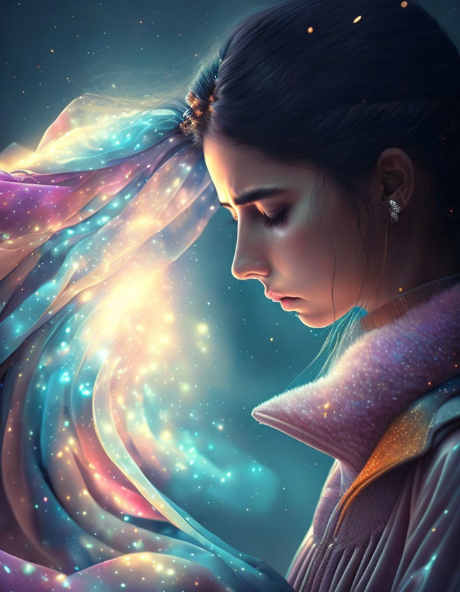 Woman's profile with cosmic hair merging into starry space, creating ethereal vibe