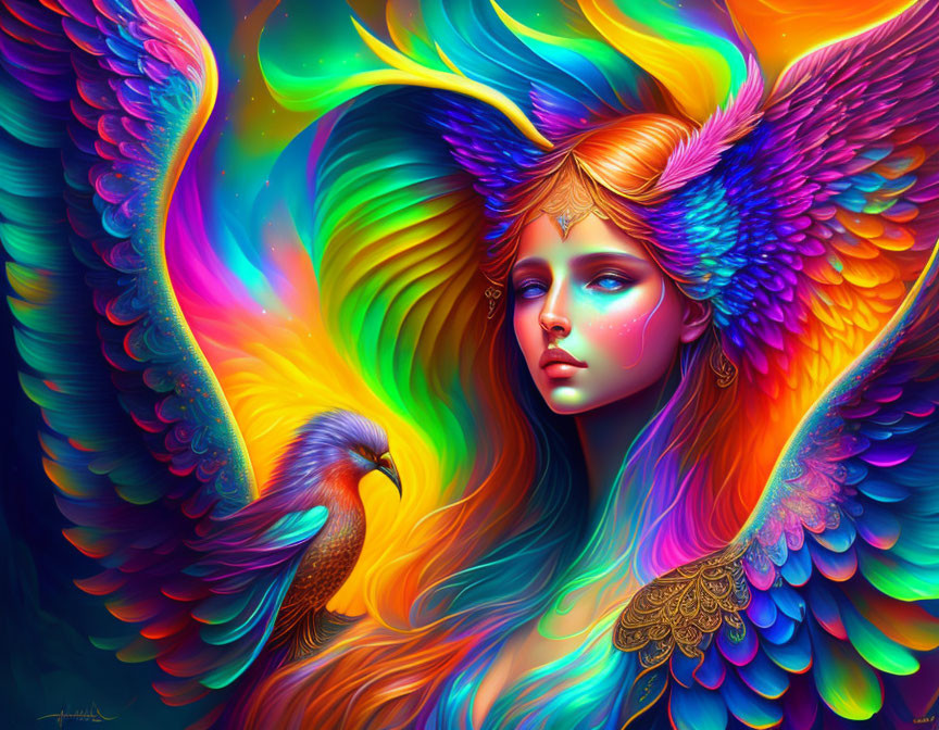 Colorful fantasy artwork: Woman with bird-like wings and feathers in vibrant rainbow hues.