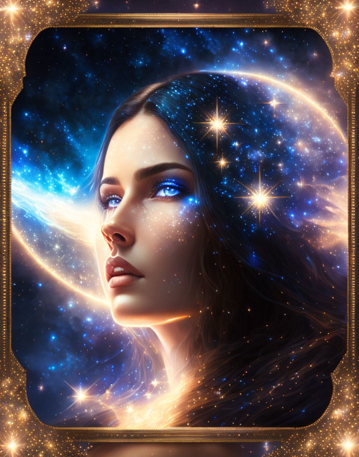 Cosmic-themed digital artwork of a woman with star-infused hair and eyes