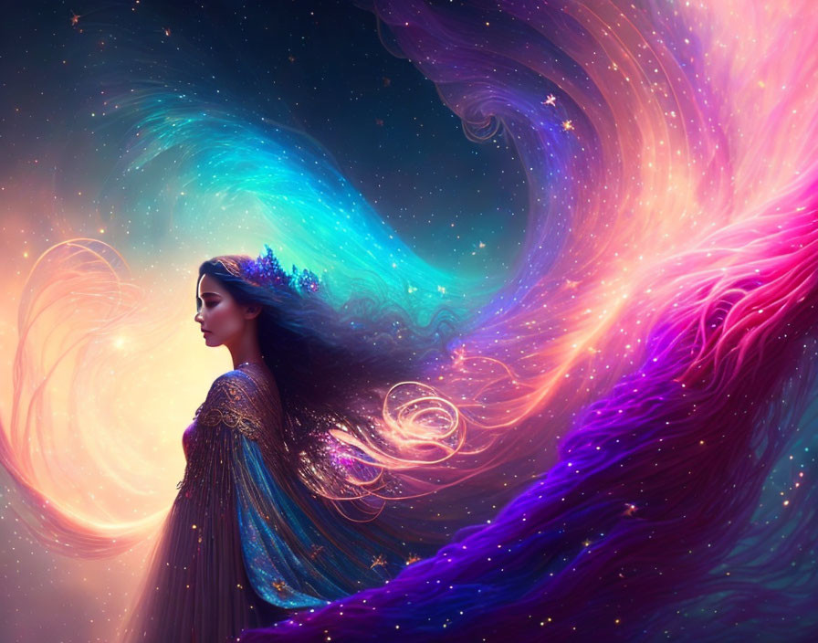 Woman's profile with starry cosmos hair in pink, purple, and blue hues against celestial backdrop