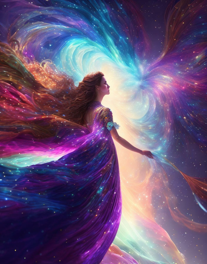 Flowing-haired woman merges with cosmic swirl in vibrant scene