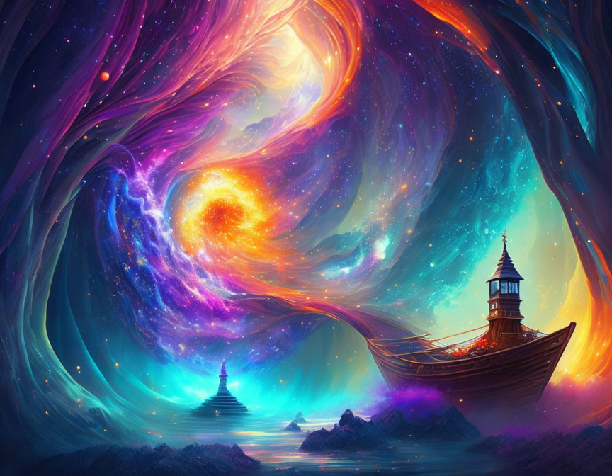 Colorful digital artwork: boat and lighthouse in cosmic galaxy