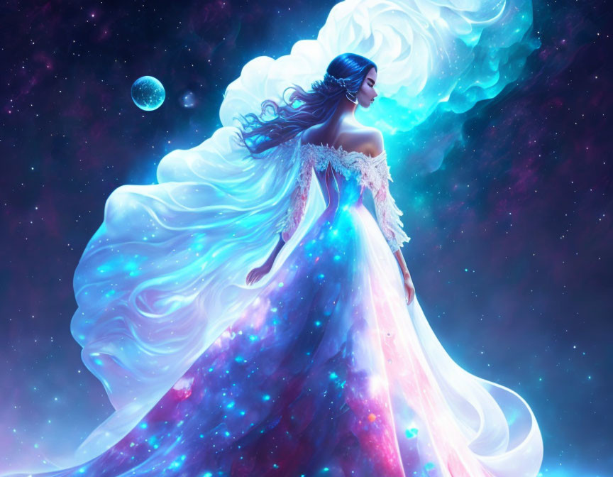 Surreal illustration of woman in galaxy-themed dress against cosmic backdrop