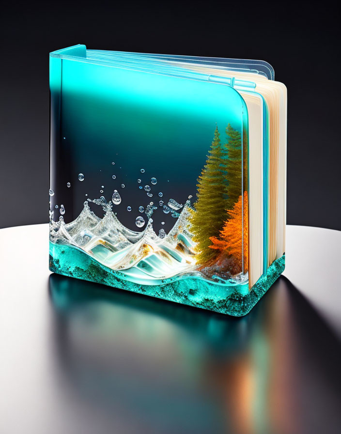 Liquid Effect Folder with Submerged Trees and Bubbles on Dark Reflective Background