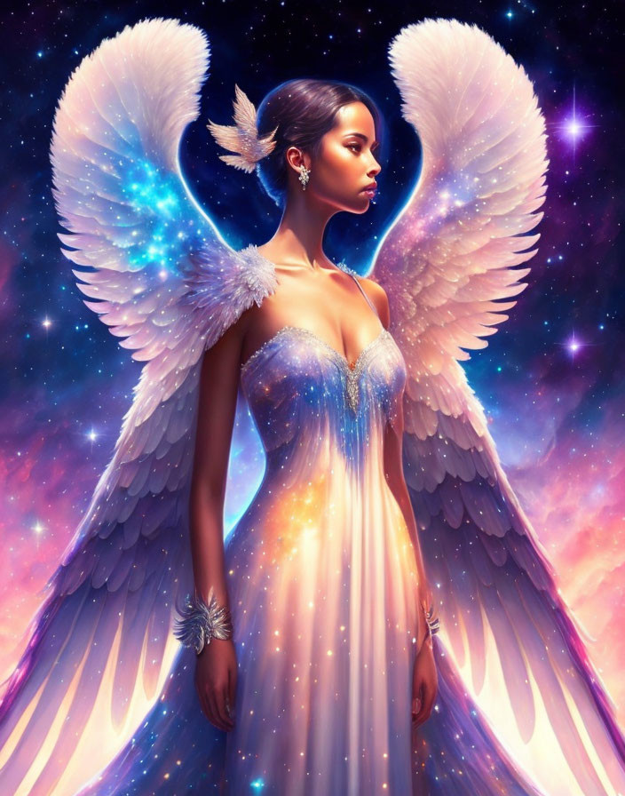 Luminous wings on ethereal figure in cosmic backdrop