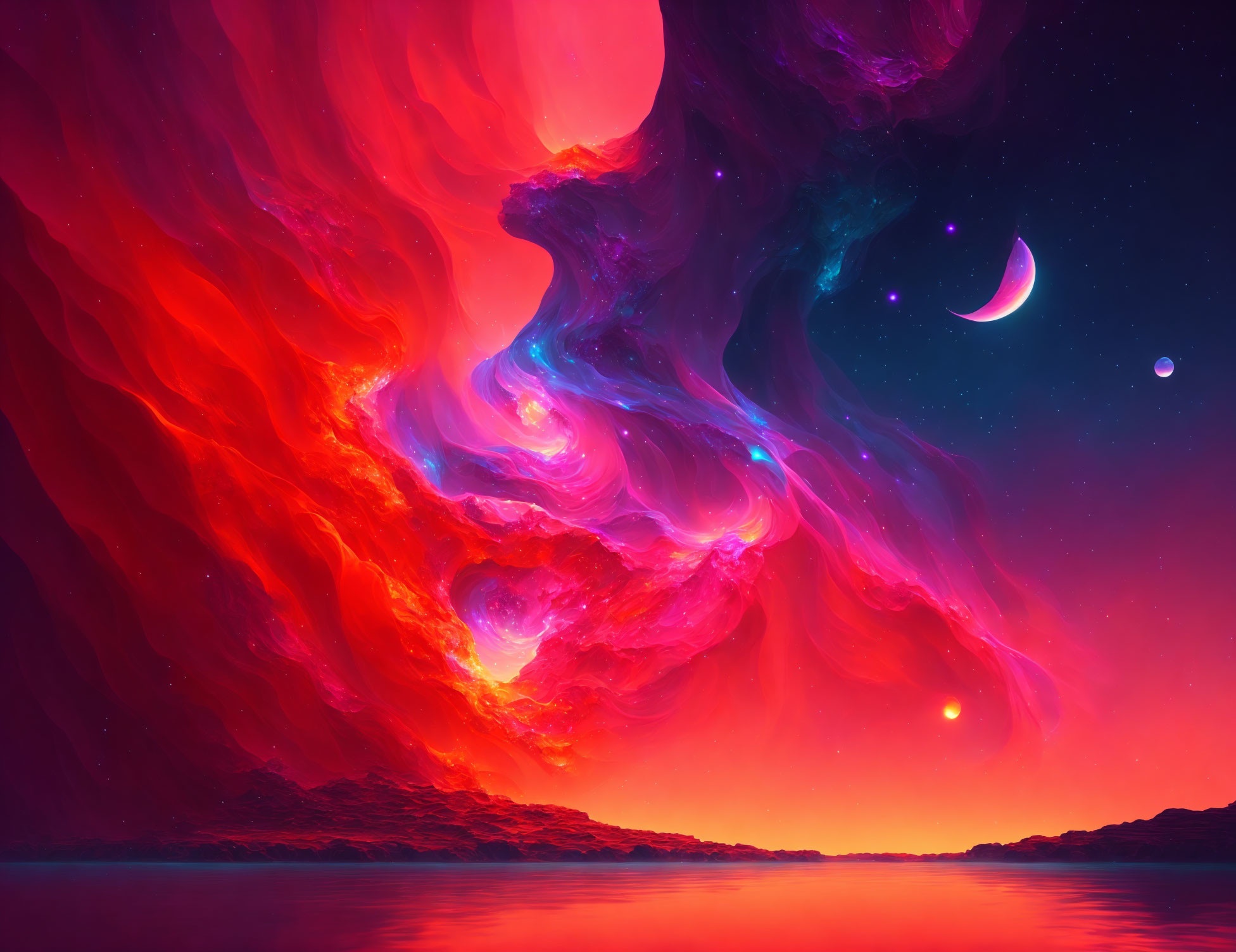 Surreal neon-hued celestial scene with cosmic elements