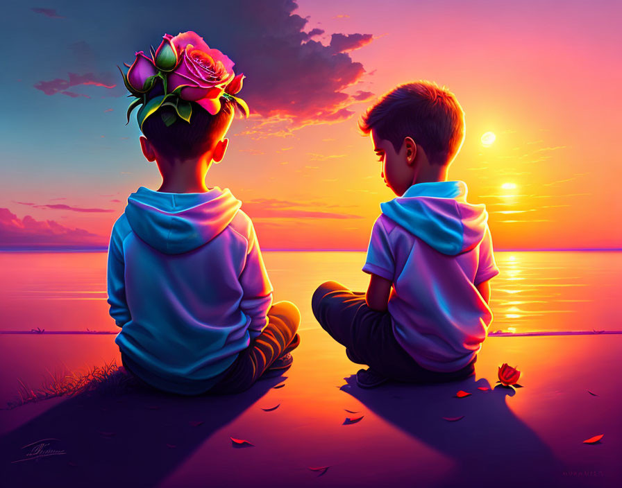 Children watching sunset by water with flower crown and scattered petals