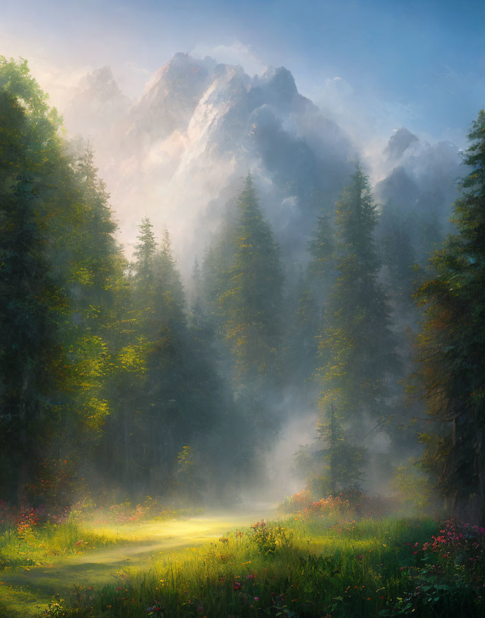 Forest scene with mist, path, mountains, and wildflowers