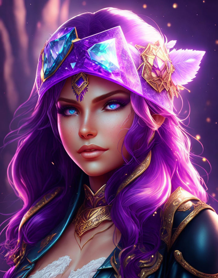 Fantasy digital art of female character with purple hair and crown, in gold-accented armor,