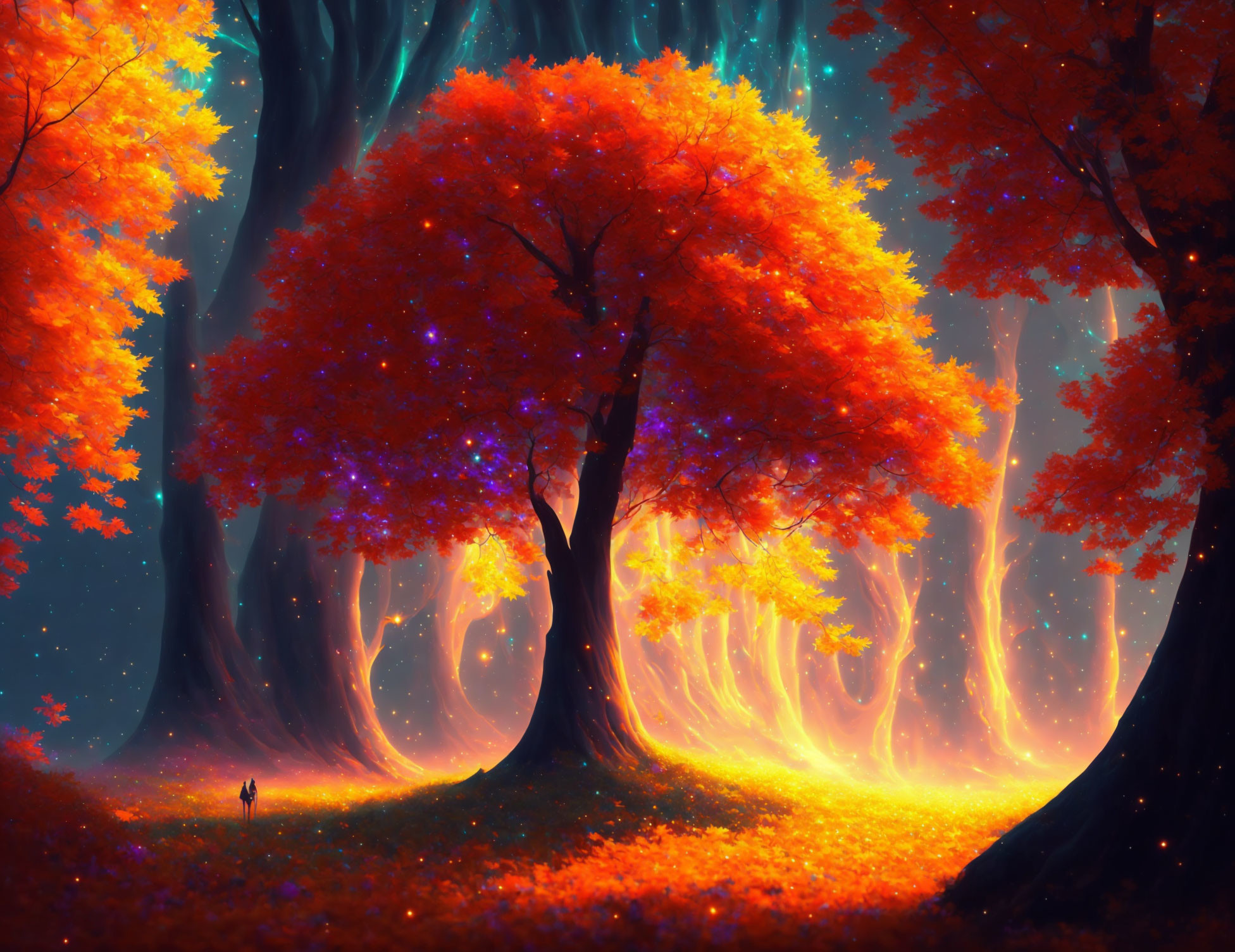 Enchanted forest with luminous trees and starry sky