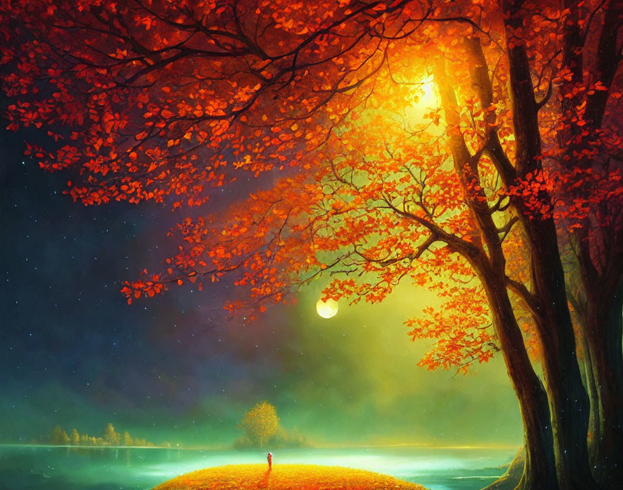 Person under vibrant orange-red leaves with full moon in mystical autumn scene