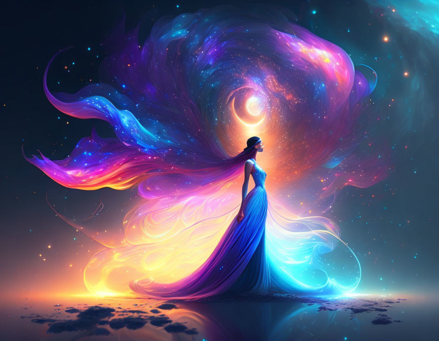 Woman in flowing blue gown with cosmic hair against night sky.