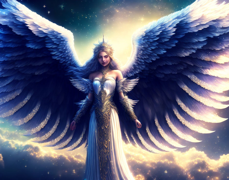 Angel with large white wings in blue and gold dress against cosmic backdrop