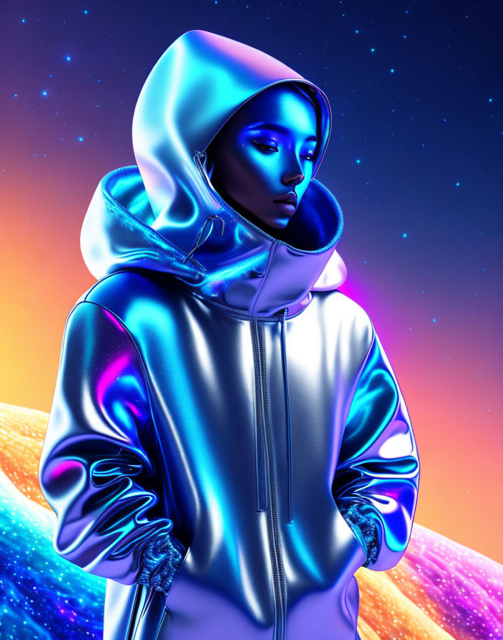 Person in Metallic Blue Hoodie on Cosmic Background with Stars & Orange Hues