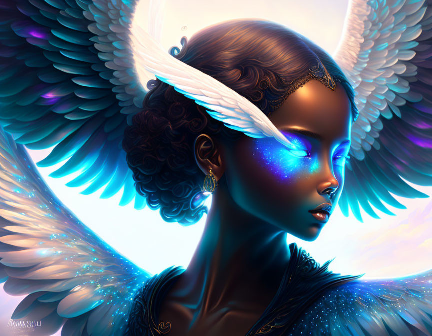 Fantasy digital art: Dark-skinned figure with glowing blue patterns, ornate headdress, and