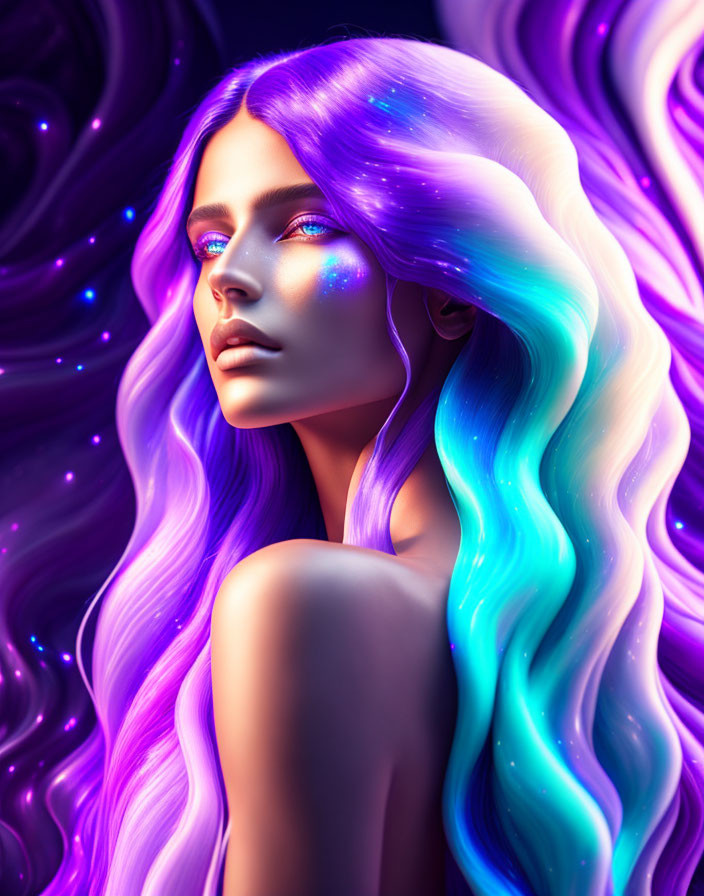 Vibrant digital artwork of woman with purple and blue hair blending into cosmic backdrop