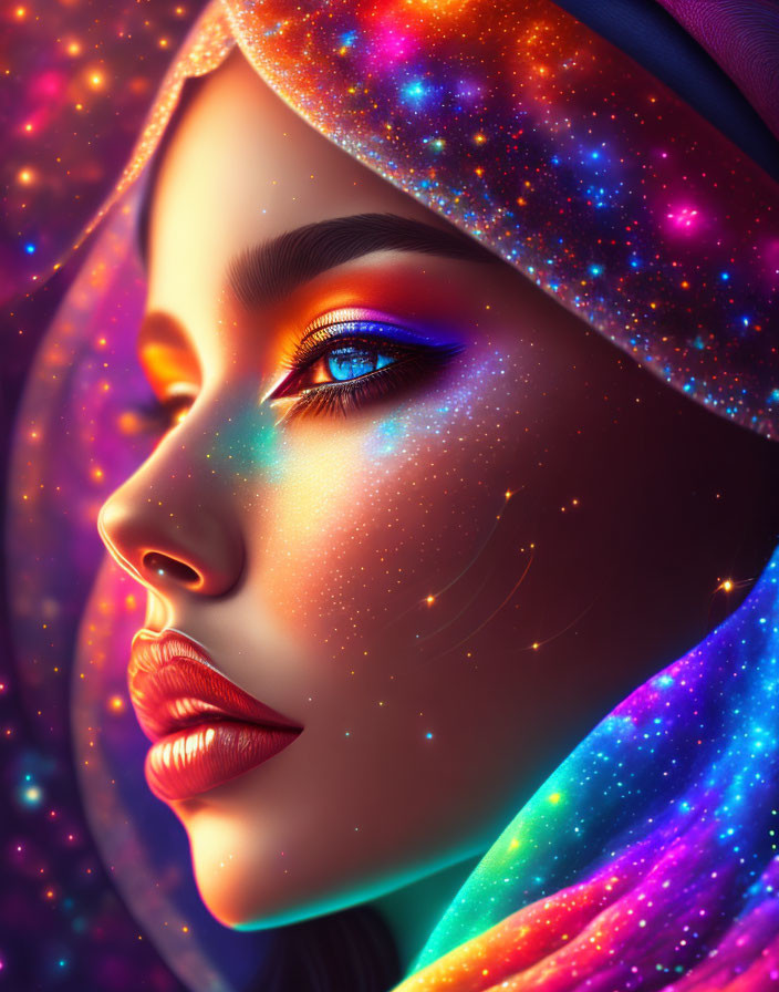 Colorful digital portrait of woman with cosmic makeup and starry scarf.