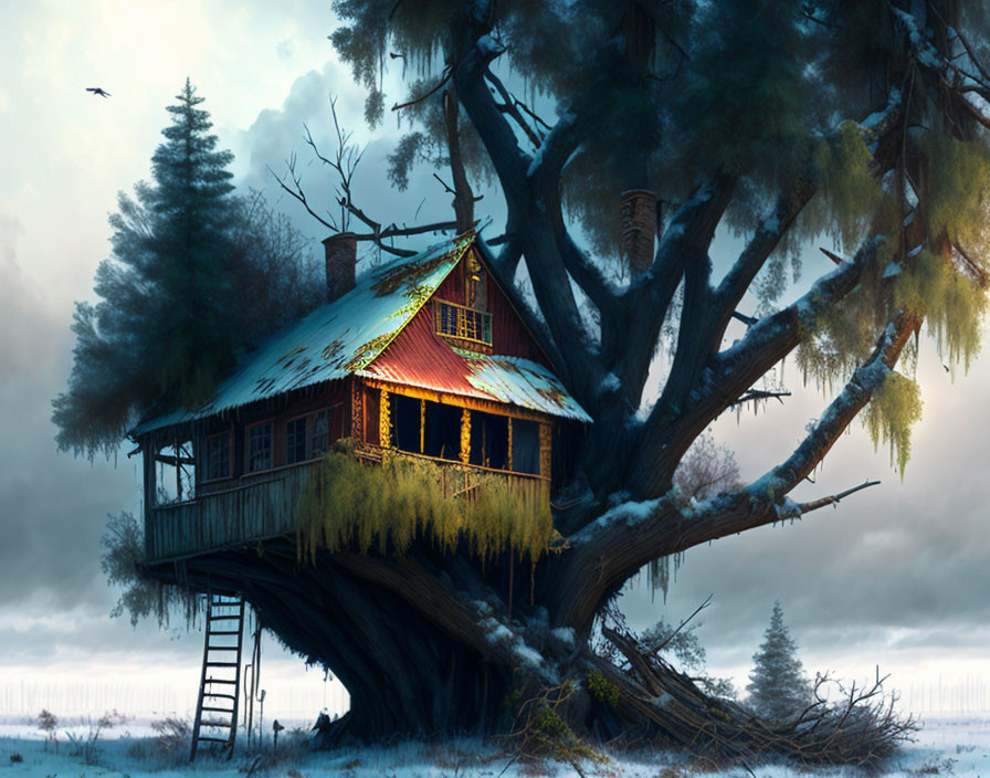 Enchanting red-roofed treehouse in misty twilight landscape