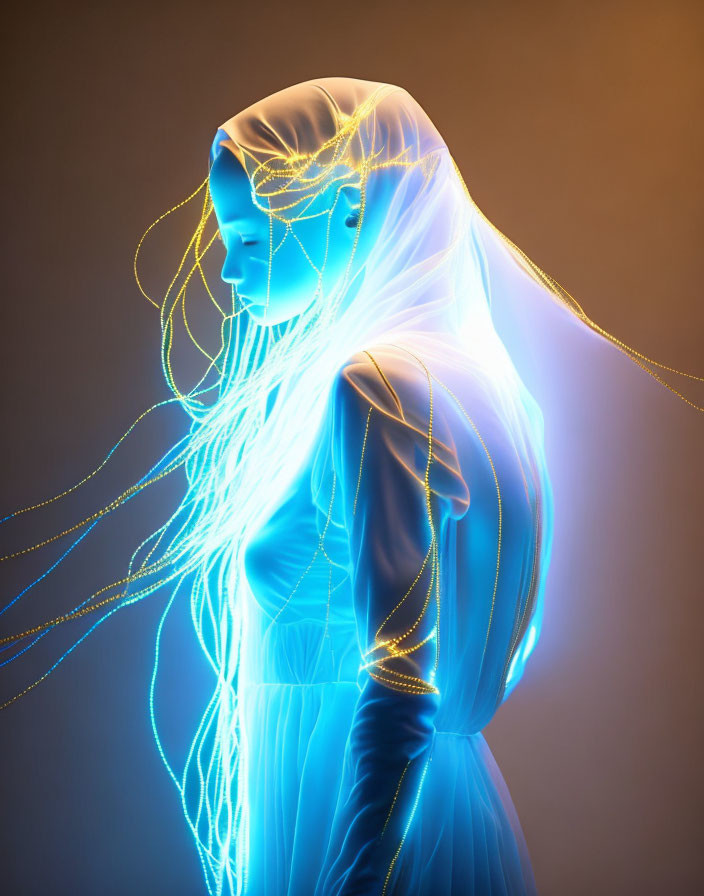 Digital Artwork: Woman with Glowing Blue and Gold Lines on Warm Gradient Background