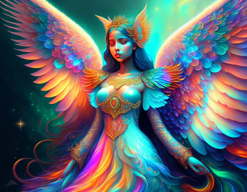 Regal figure with vibrant wings and ornate armor on teal and orange background