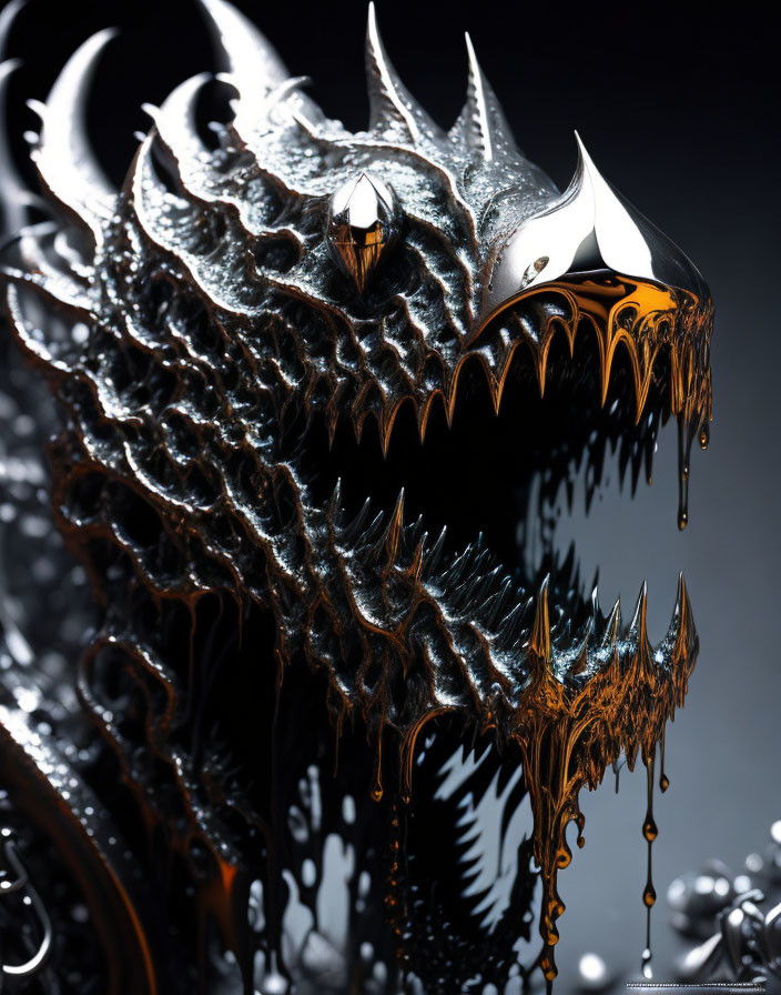 Detailed digital artwork of menacing dragon-like creature with black scales and golden drool