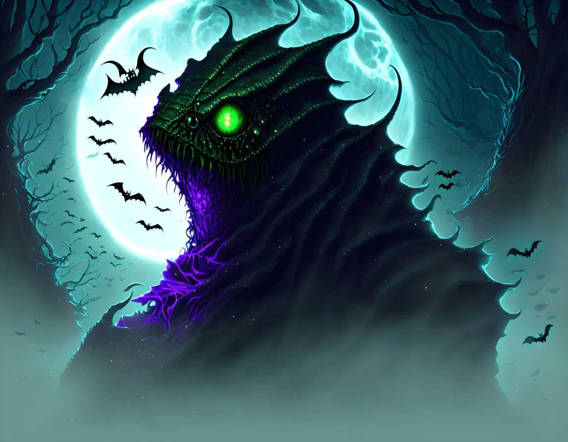 Mystical dragon-like creature in dark forest under full moon