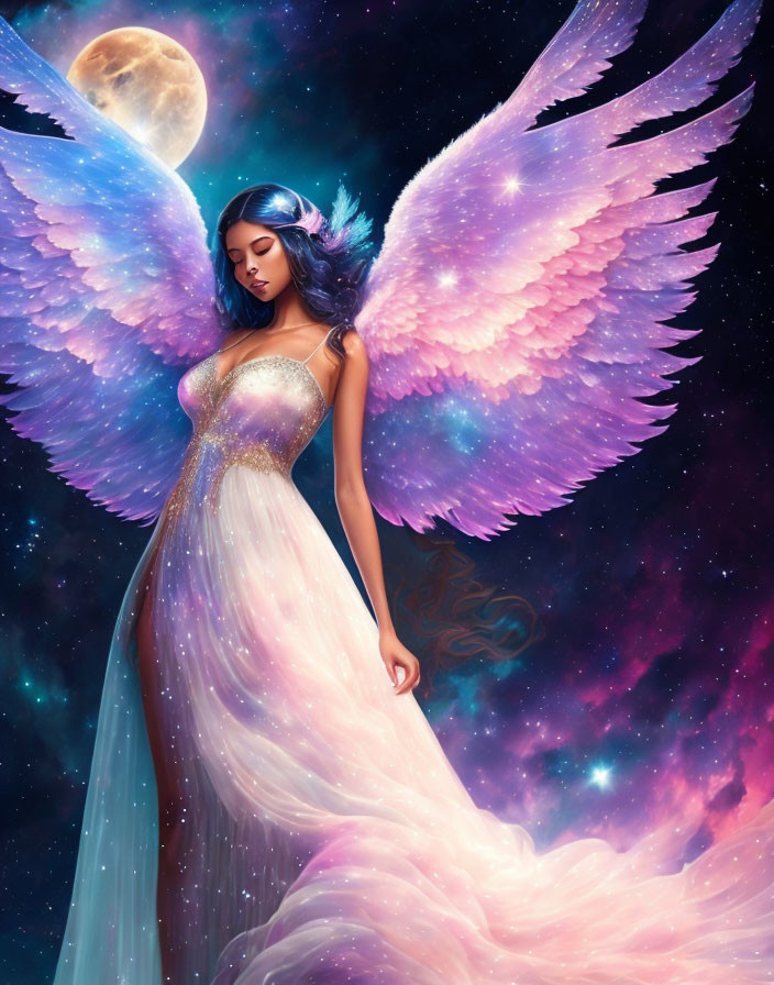 Serene woman with pink and white wings in cosmic setting