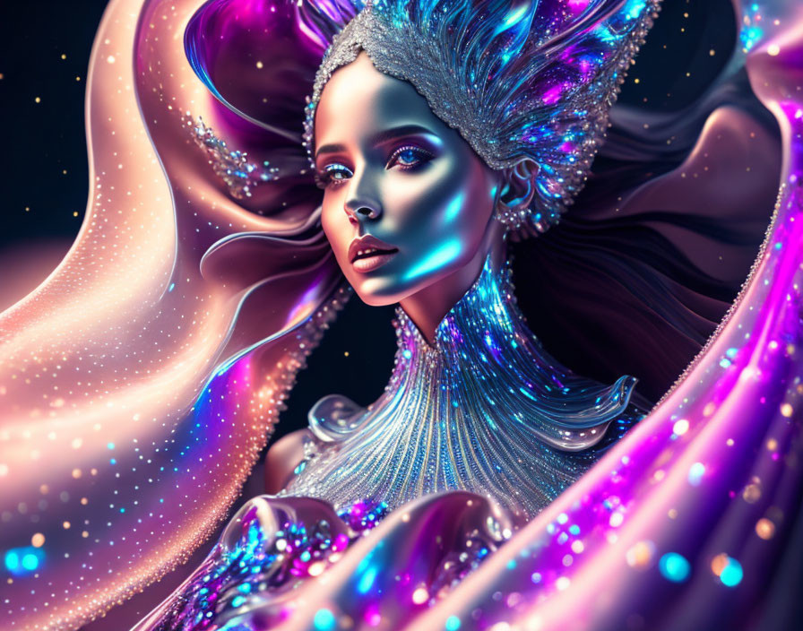 Colorful digital portrait of woman in iridescent garments & futuristic headdress on starry backdrop